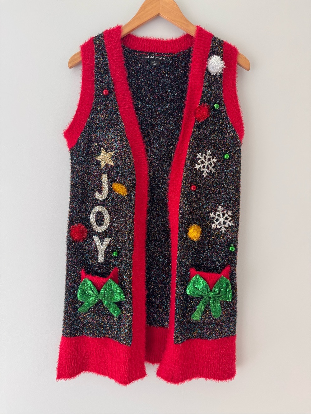 United States Sweaters Holiday Christmas Vest S JOY Sequin Fuzzy Ugly Sweater